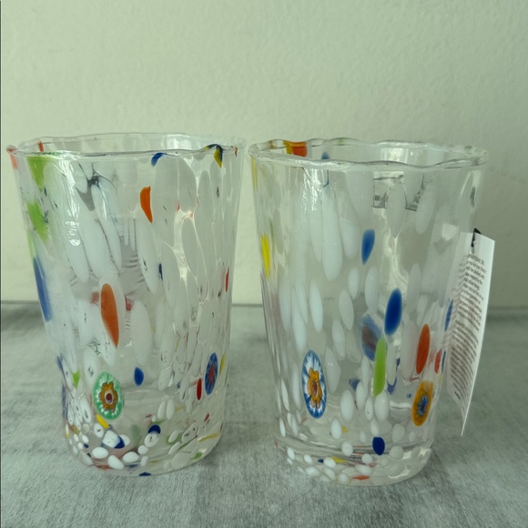 2 Glasses Murano Technique Confetti Drink Glass Tumblers White Blue Red Italy - Picture 4 of 11